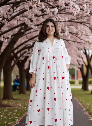Stylish White & Red Heart Printed Flared Maxi Dress for Women