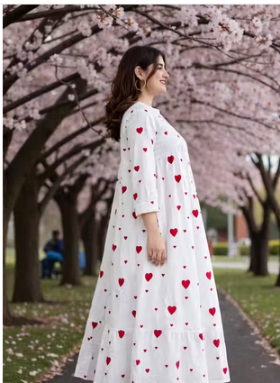 Stylish White & Red Heart Printed Flared Maxi Dress for Women