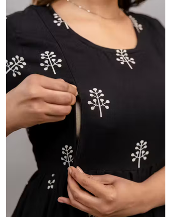 Black Printed Cotton Maternity & Nursing Anarkali Kurti