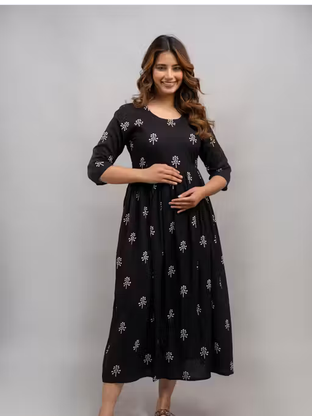 Black Printed Cotton Maternity & Nursing Anarkali Kurti
