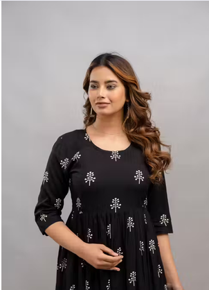 Black Printed Cotton Maternity & Nursing Anarkali Kurti